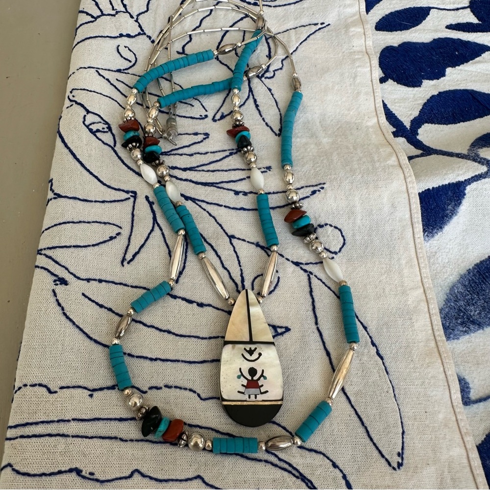 Vintage Zuni Necklace Sterling Silver Mother Of Pearl  Semi Precious Stones